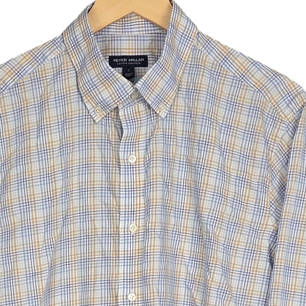 Peter Millar Crown Crafted Button Up Shirt Mens Large Blue Tan Plaid Flex Finish